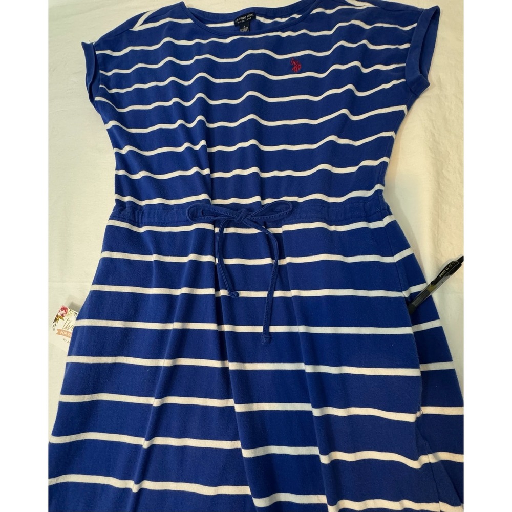 U.S. Polo Assn. Striped T-Shirt Dress Women Size S Blue Good Drawstring Waist